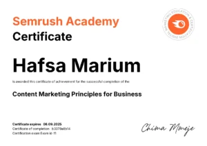 Hafsa Marium Certificate digital marketer in dubai